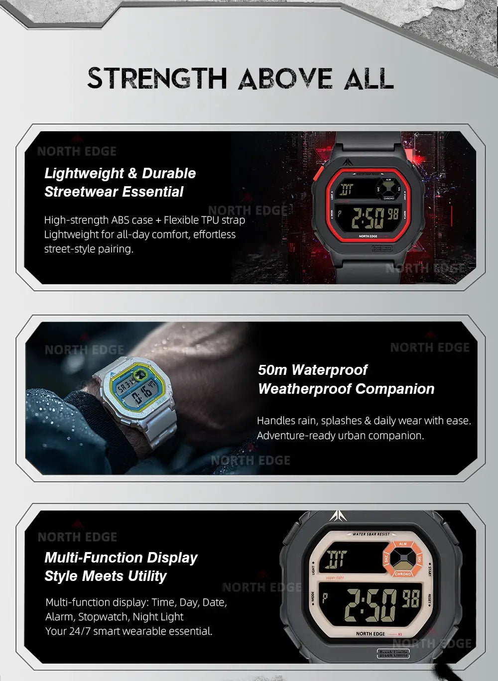 Black and red north edge digital watch with a rugged sporty design featuring a lightweight abs plastic case, flexible tpu strap, and battery included.