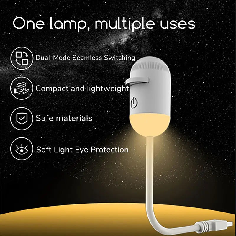 Weiße kompakte Tischleuchte mit gebogenem Hals, die ein sanftes gelbes Licht abstrahlt; dargestellt als Zubehör für einen USB-Auto-LED-Sternenlicht-Nachtlicht-Projektor.