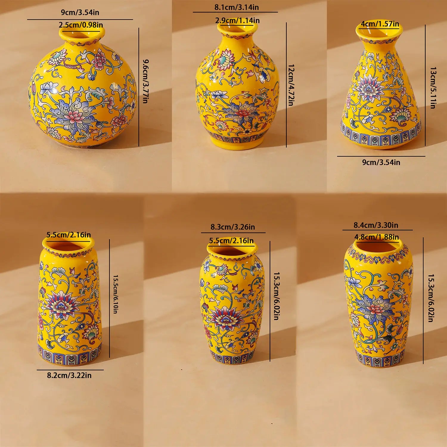 Petit vase en émail de céramique, porcelaine florale chinoise d’inspiration ancienne, de couleur jaune éclatante, avec des motifs floraux complexes bleu, rose et vert.