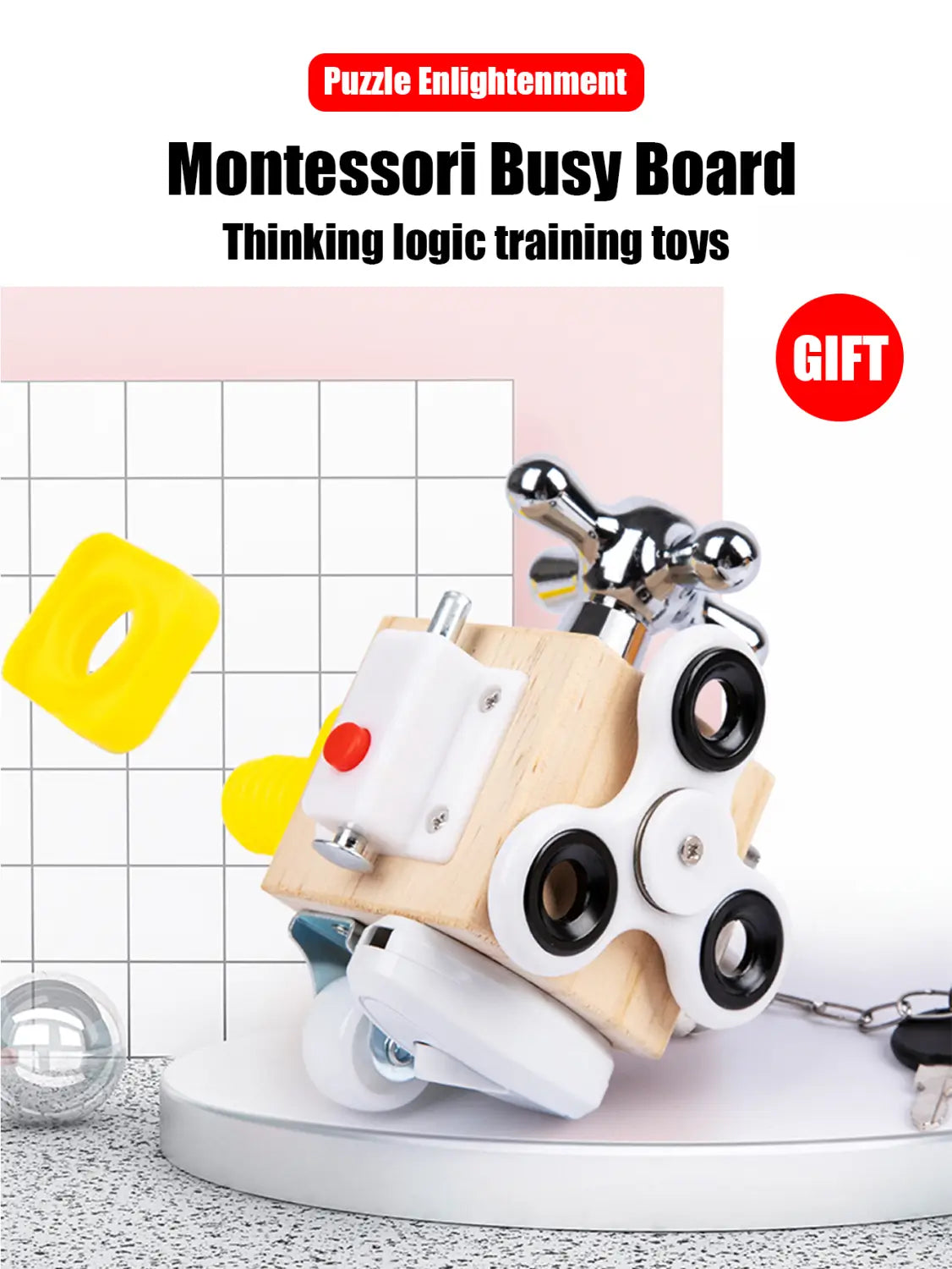 Wooden busy board Montessori sensory fidget toy featuring white and black fidget spinner components, chrome metal handles, and a red button.