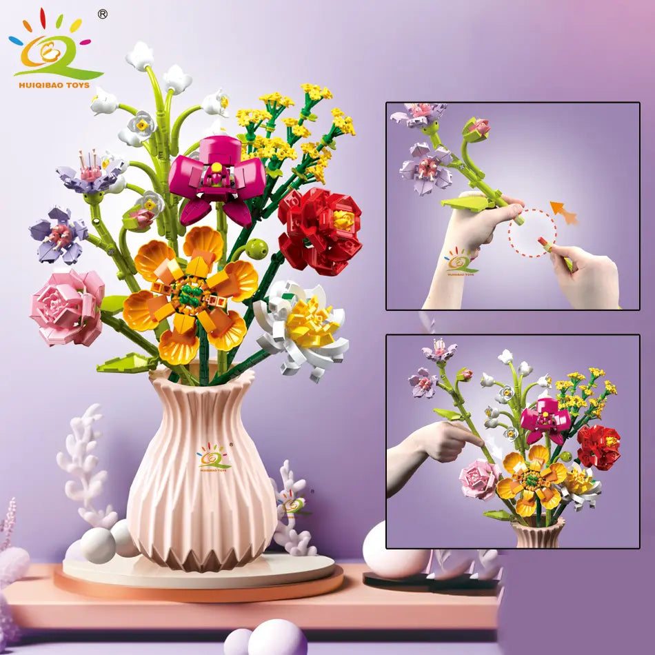 Un vase en céramique cannelé pastel rose, tenant un bouquet vibrant de fleurs en Lego, avec des fleurs colorées rouge, jaune, orange et pourpre, issu de l’ensemble de bouquet de fleurs en briques, pour les amateurs de blocs