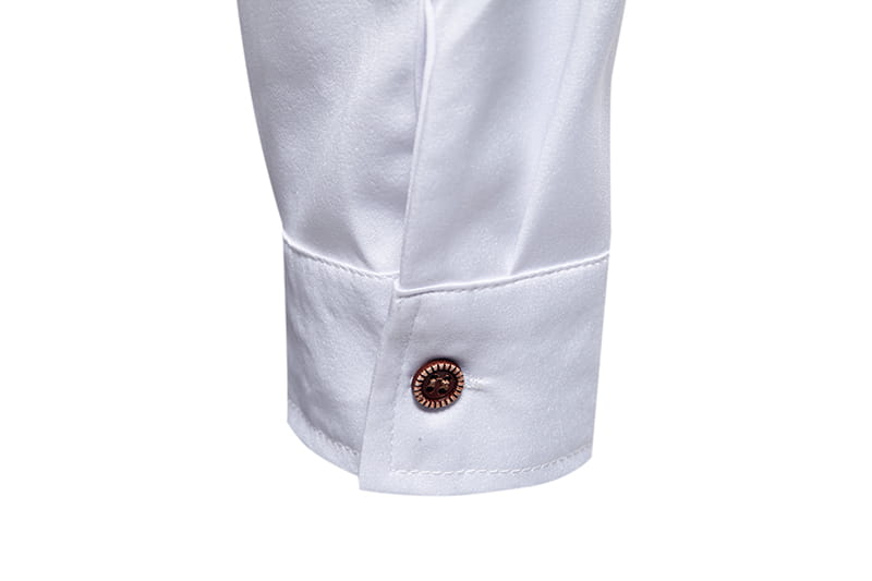 Men asymmetrical slant collar long sleeve casual shirt featuring a white cotton cuff with a copper toned decorative button.