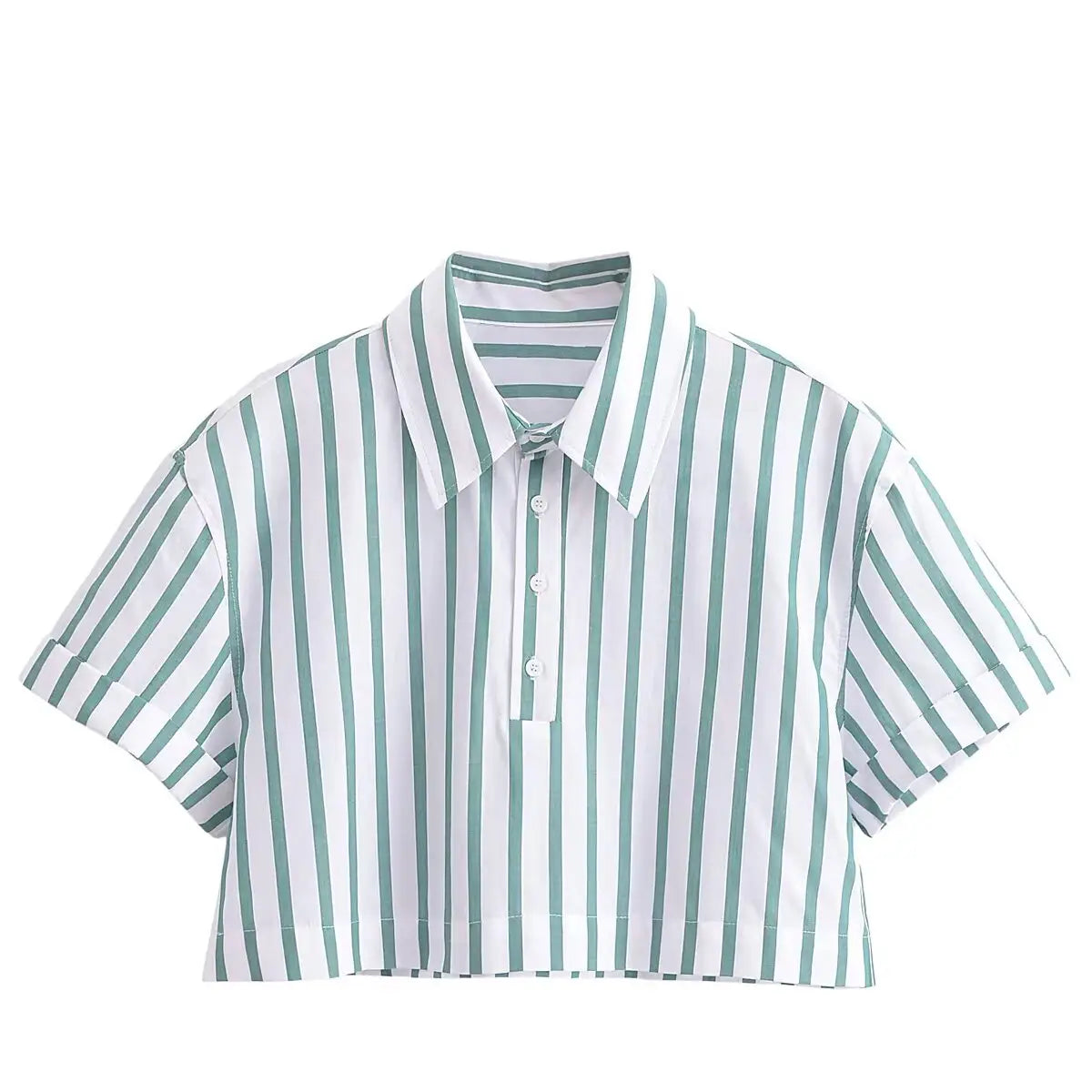 A green striped short sleeve crop shirt featuring vertical green and white stripes with a classic collar and button-front design.