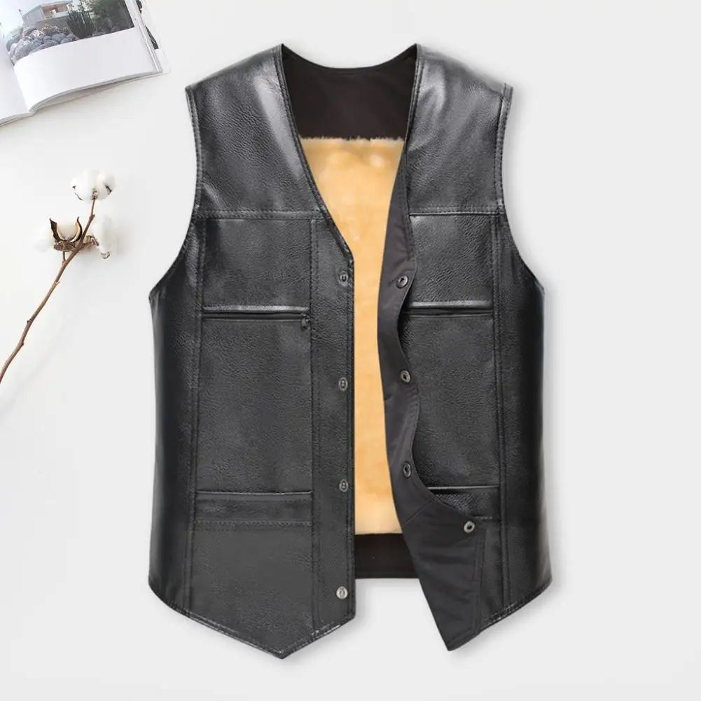Faux Leather Waistcoat Men Motorcycle Vest Coat Warm Autumn Winter Single Breasted V-neck Sleeveless Jacket