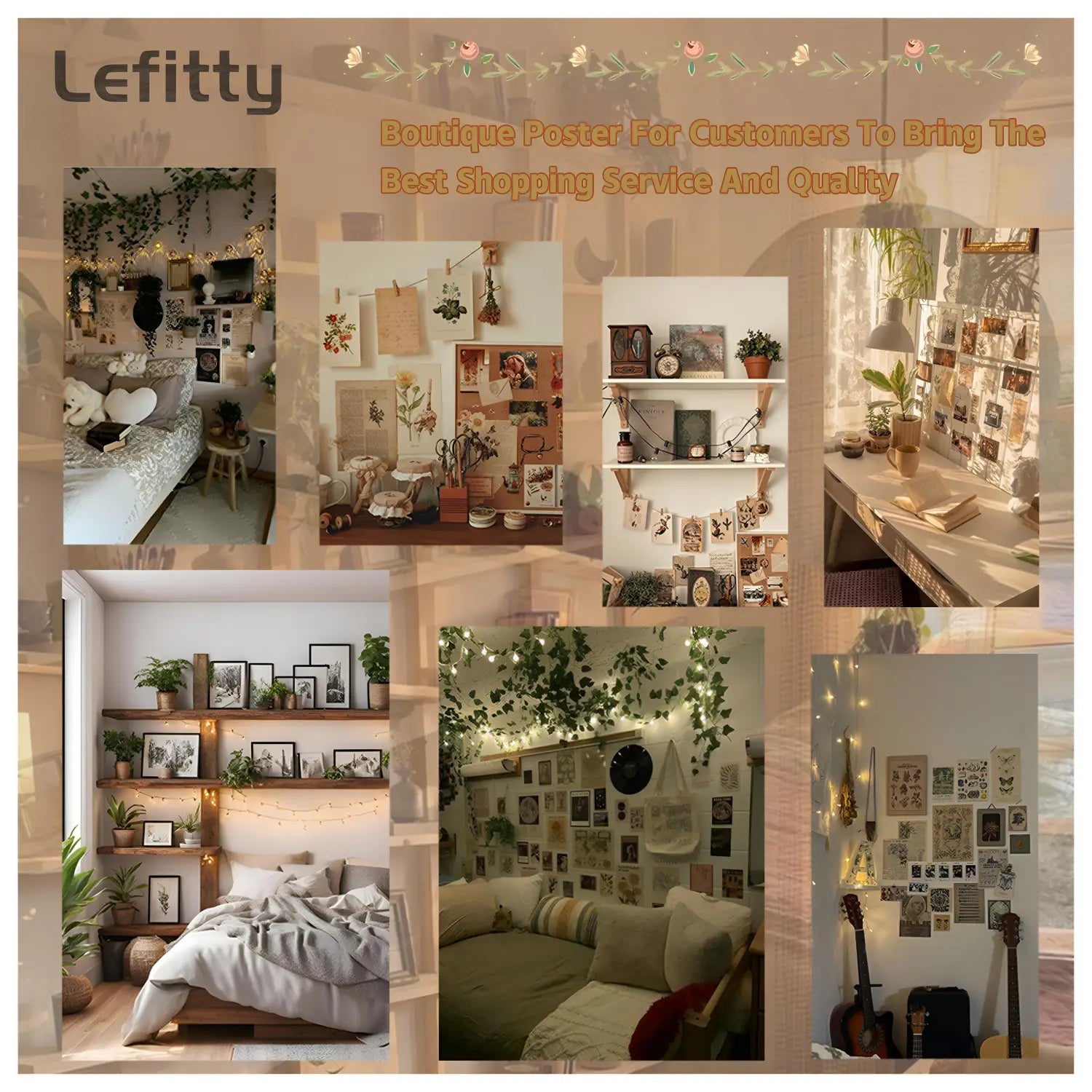 A soft beige minimalist aesthetics canvas art featuring a collage of cozy plant-filled living room interior design scenes with string lights and framed decor.