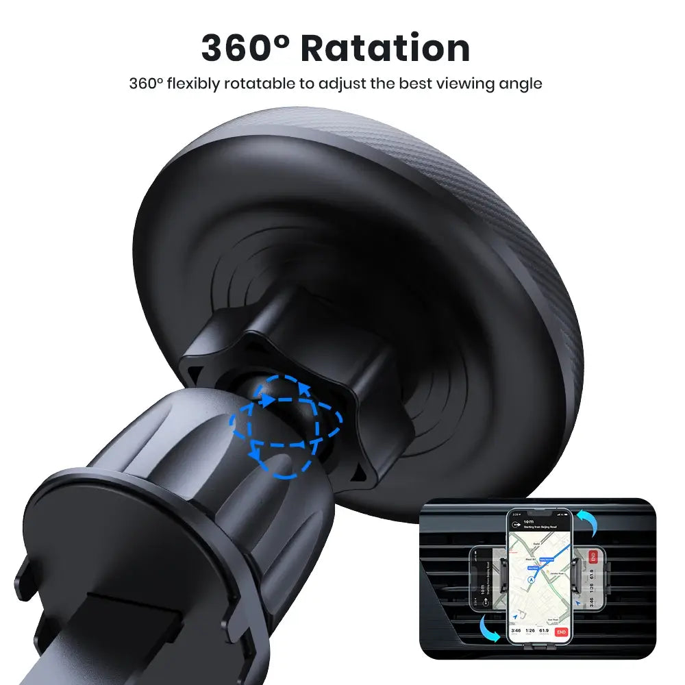 Support de téléphone pour voiture Magsafe noir avec anneau magnétique rotatif à 360 degrés, ventouse texturée et collier réglable, présenté depuis un angle avant.