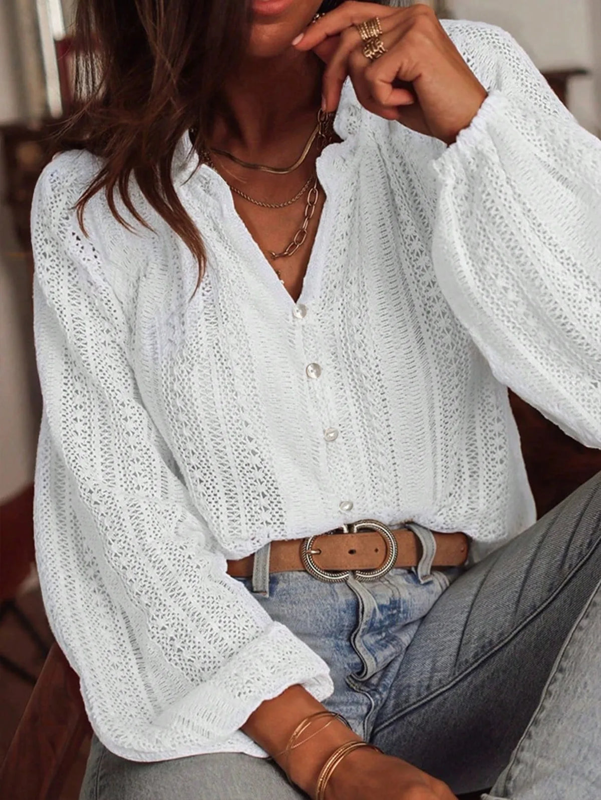 Women's Blouses Spring And Autumn New Loose Fashion Simple All-Match Hollow Lace V-neck Single Breaked Long Sleeve Women Shirts