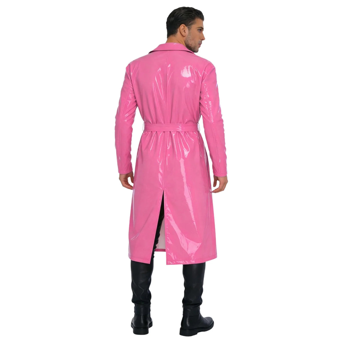 Mens Glossy Long Trench Coat Blazer Lapel PU Leather Open Front Long Jackets with Belt for Casual Life Streetwear Party Clubwear