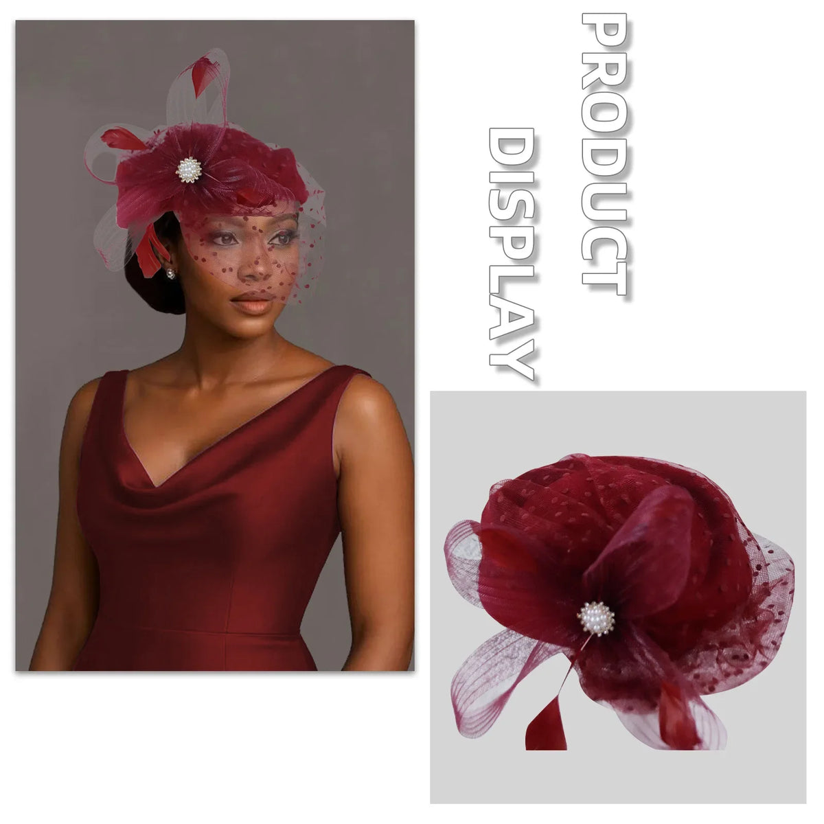 Women Bridal Fascinator with Feathers Dot Print Veil Elegant Pillbox Hats for Tea Party Wedding Church Fedoras Headscarf Bonnet