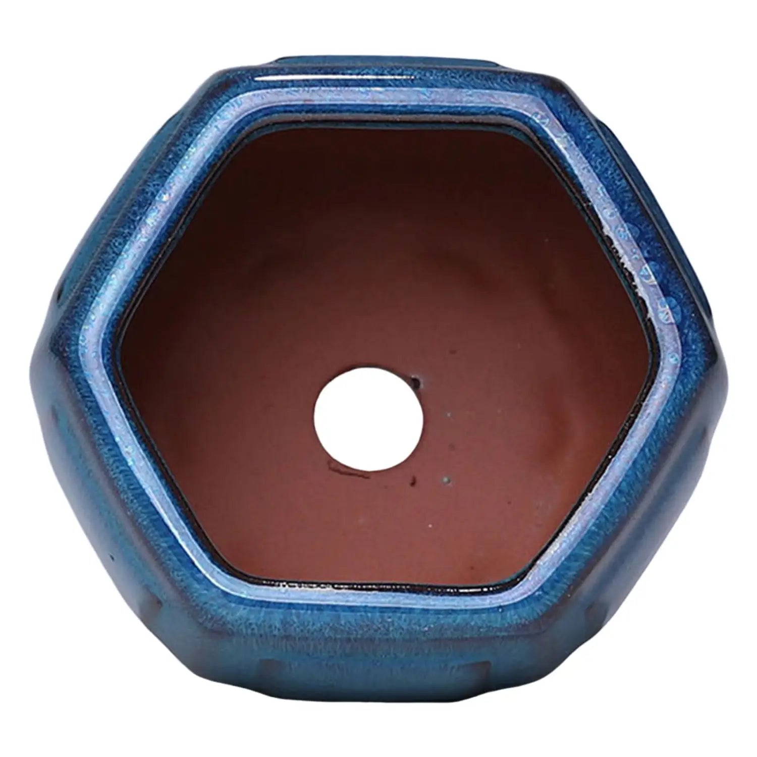 Sechseckiger Keramik-Blumentopf mit glänzender blauer Rippenglasur und einem zentralen Drainageloch, ausgelegt für Bonsai sowie andere Pflanzentöpfe.