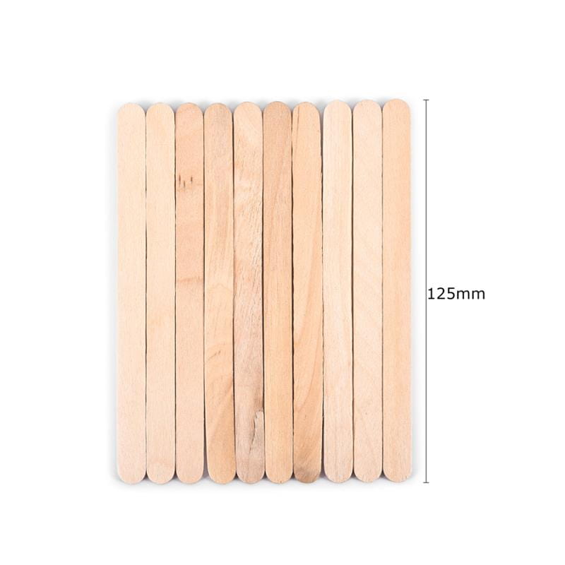 a set of ten light-colored wooden craft sticks with a smooth finish and natural wood grain used as epoxy resin mixing tools for diy jewelry making