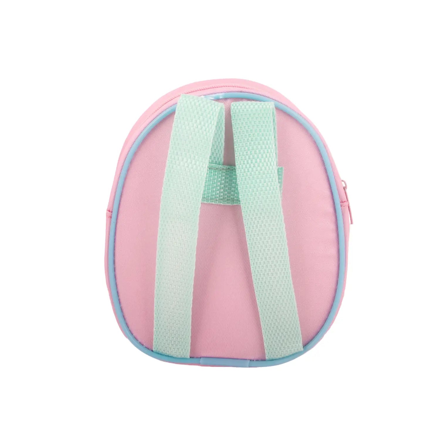 Niedlicher Mini-Cartoon-Reiseetui-Accessoire-Puppenrucksack in Rosa und Mintgrün mit weichem, rundem Design.