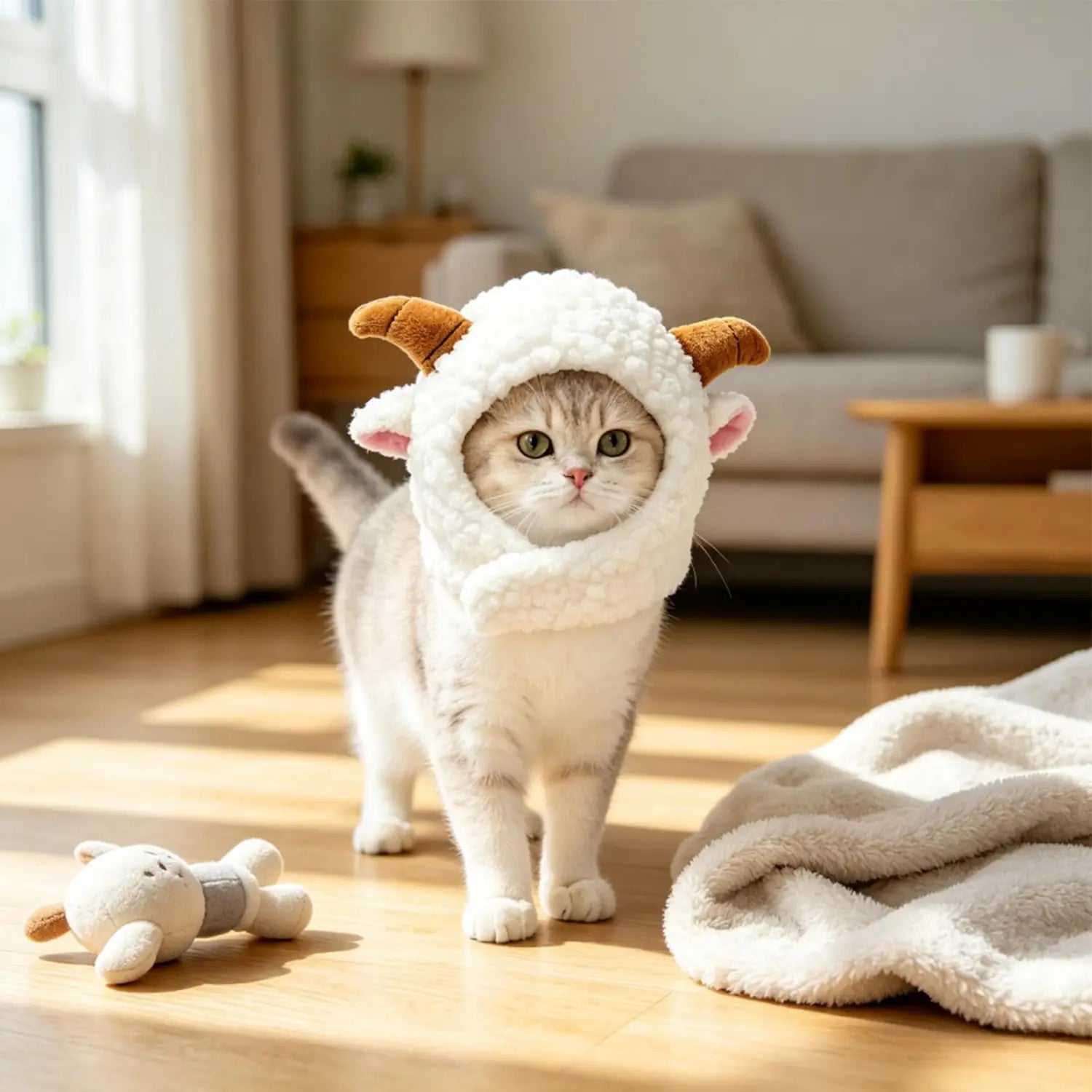 cat headwear fluffy white sheep plush winter costume hat with brown horn accents designed for cat winter and puppy cat winter use