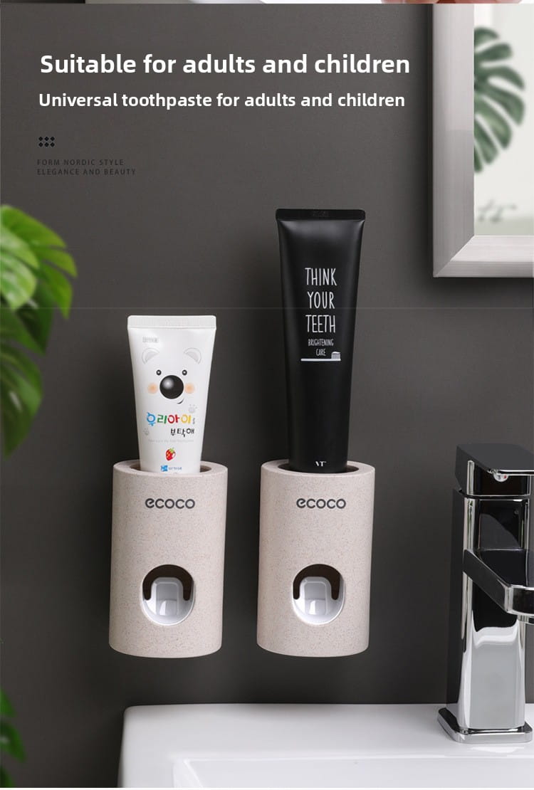beige textured ecoco wall mounted toothpaste dispenser and holder set holding two different tubes of toothpaste