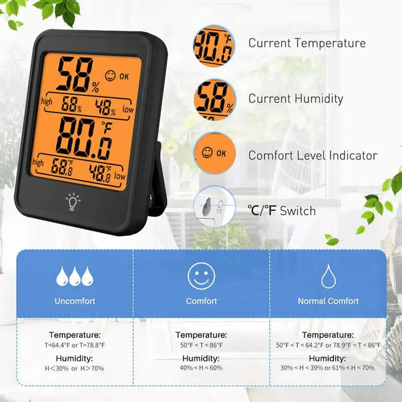 Medidor digital interior de temperatura y humedad con soporte, en color negro, que presenta una pantalla iluminada naranja o verde que muestra lecturas de temperatura y humedad.