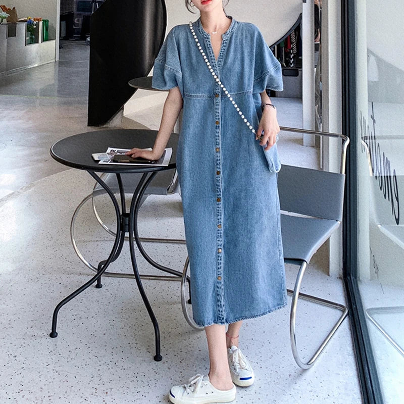 Vintage Denim Women's Dresses for 2026 Summer Thin Casual Jeans Dress Loose Plus Size Lady Vestidos Female Clothes Robe KE6062