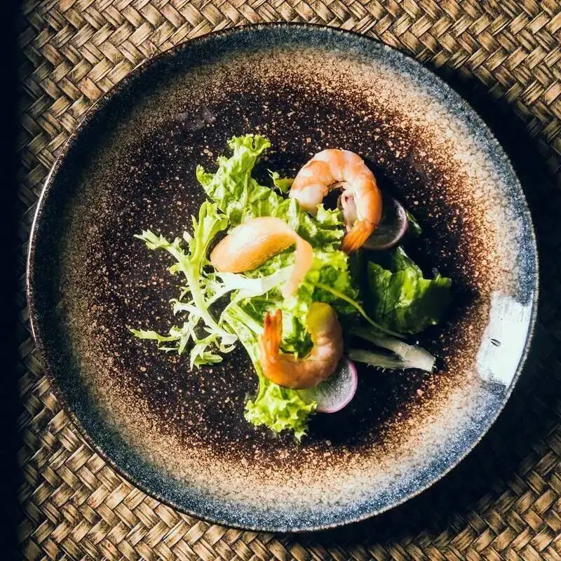 Rustic ceramic dinner plate with a speckled dark brown and gray glaze featuring subtle texture and an uneven rim for Japanese rustic tableware.