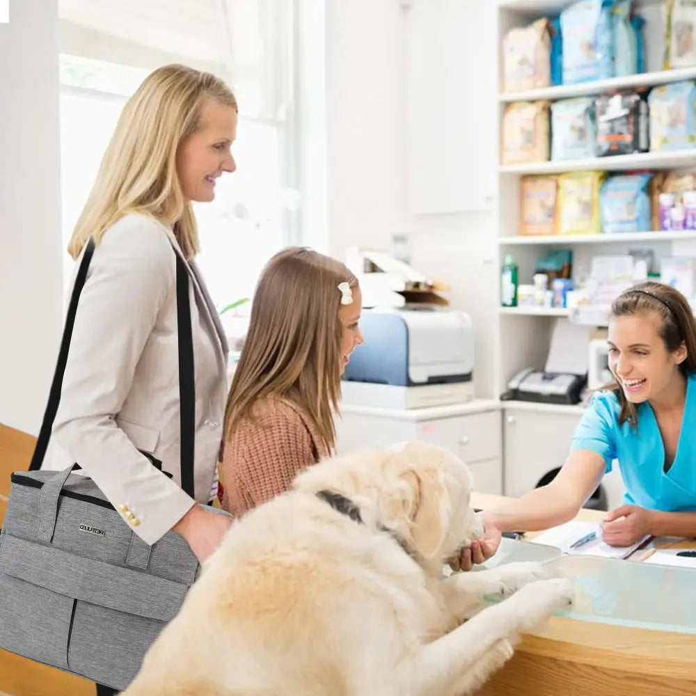 Sac de voyage pour chien en tissu gris avec fermeture éclair, comprenant des sangles noires et une quincaillerie finition ton or.