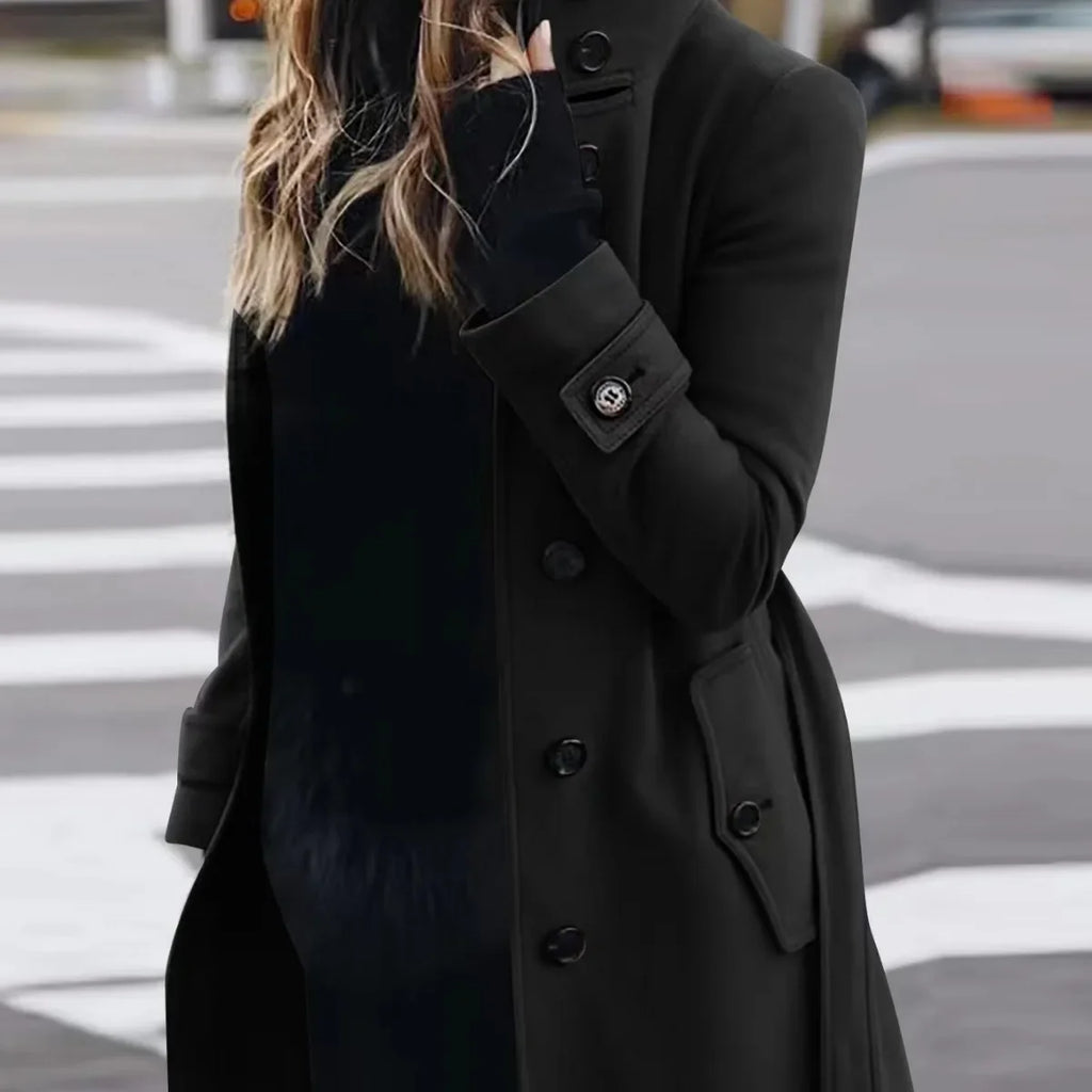 Women Autumn Winter  Wool Coat Blends Overcoat Solid Color Button Turtleneck Long Sleeve Casual Fashion  Winter Coat Regular