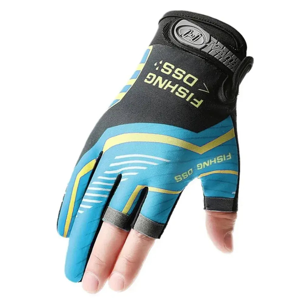 Blue and black ice silk three finger fishing gloves with yellow accents showing the back side and a fingerless design for enhanced grip.