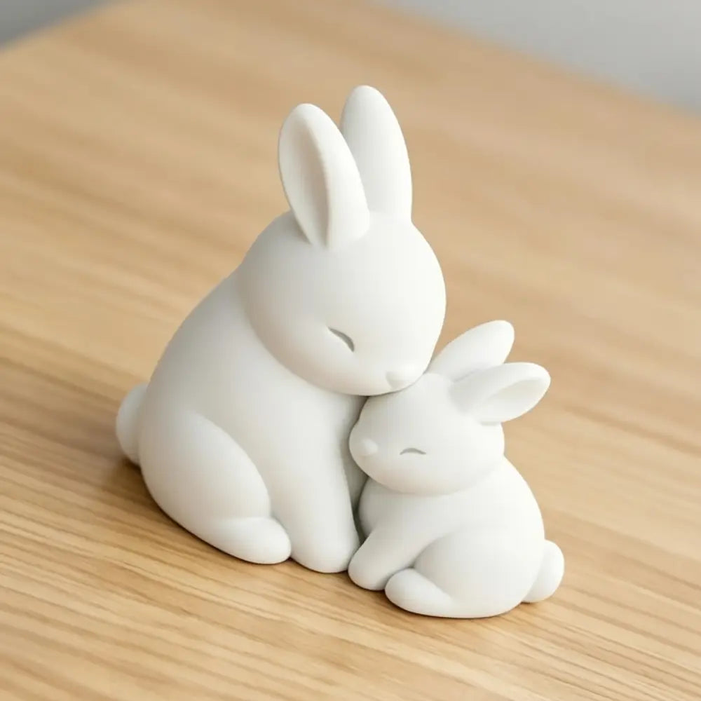 Adorno decorativo de escritorio en forma de figura de conejo de cerámica blanca, con dos conejos sentados muy juntos con los ojos cerrados.