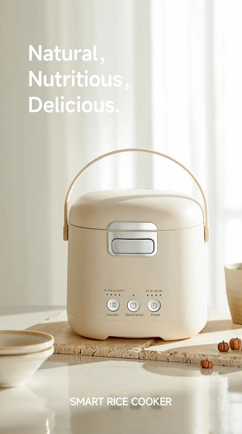 Zemkon 1,2-l Smart-Elektro-Reiskocher in Cremefarbe mit elegantem minimalistischen Design und Griff mit Soft-Touch-Beschichtung.
