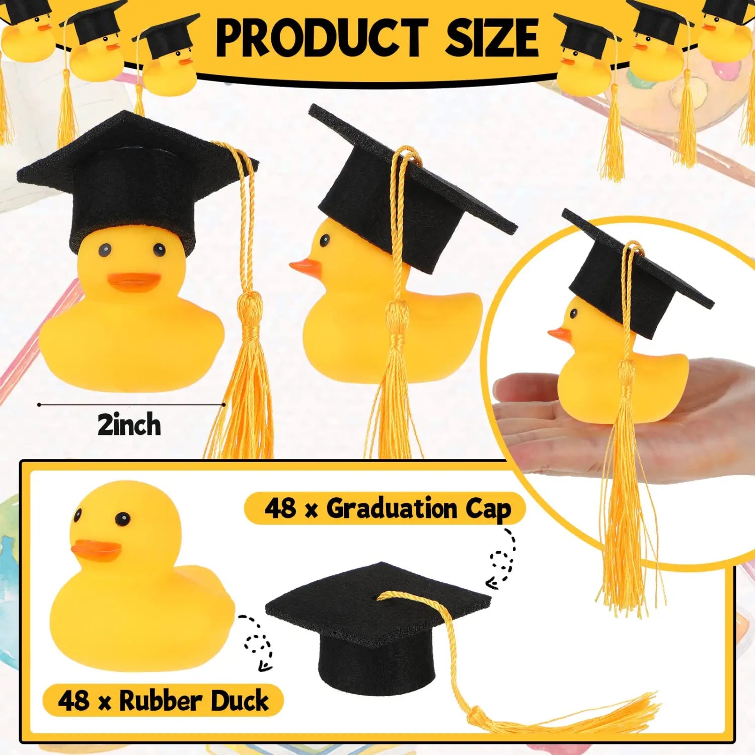 A yellow rubber duck wearing a black graduation cap with a gold tassel from the graduation rubber ducks with cap collection.