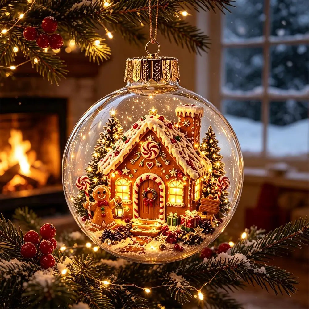 Eine leuchtende Weihnachts-Globuszierkugel zeigt ein festliches Lebkuchenhaus mit Miniaturbäumen, Süßigkeiten-Dekorationen und warmen Lichtern in einer klaren Glaskugel mit goldenem Deckel, gestaltet als unzerbrechliche Feiertagsdekoration.