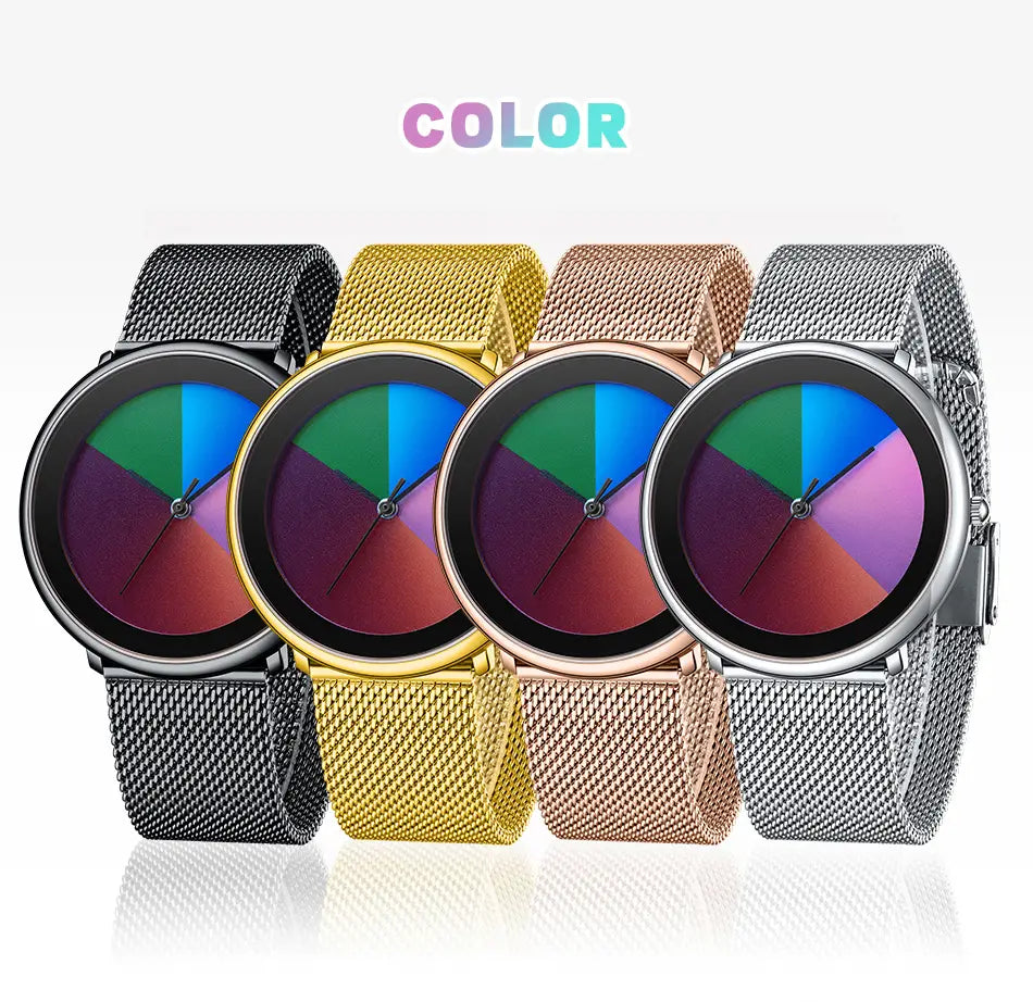 Four stylish Lige women rainbow dial quartz watches with colorful segmented dials and mesh wristbands in black, gold, rose gold, and silver finishes.