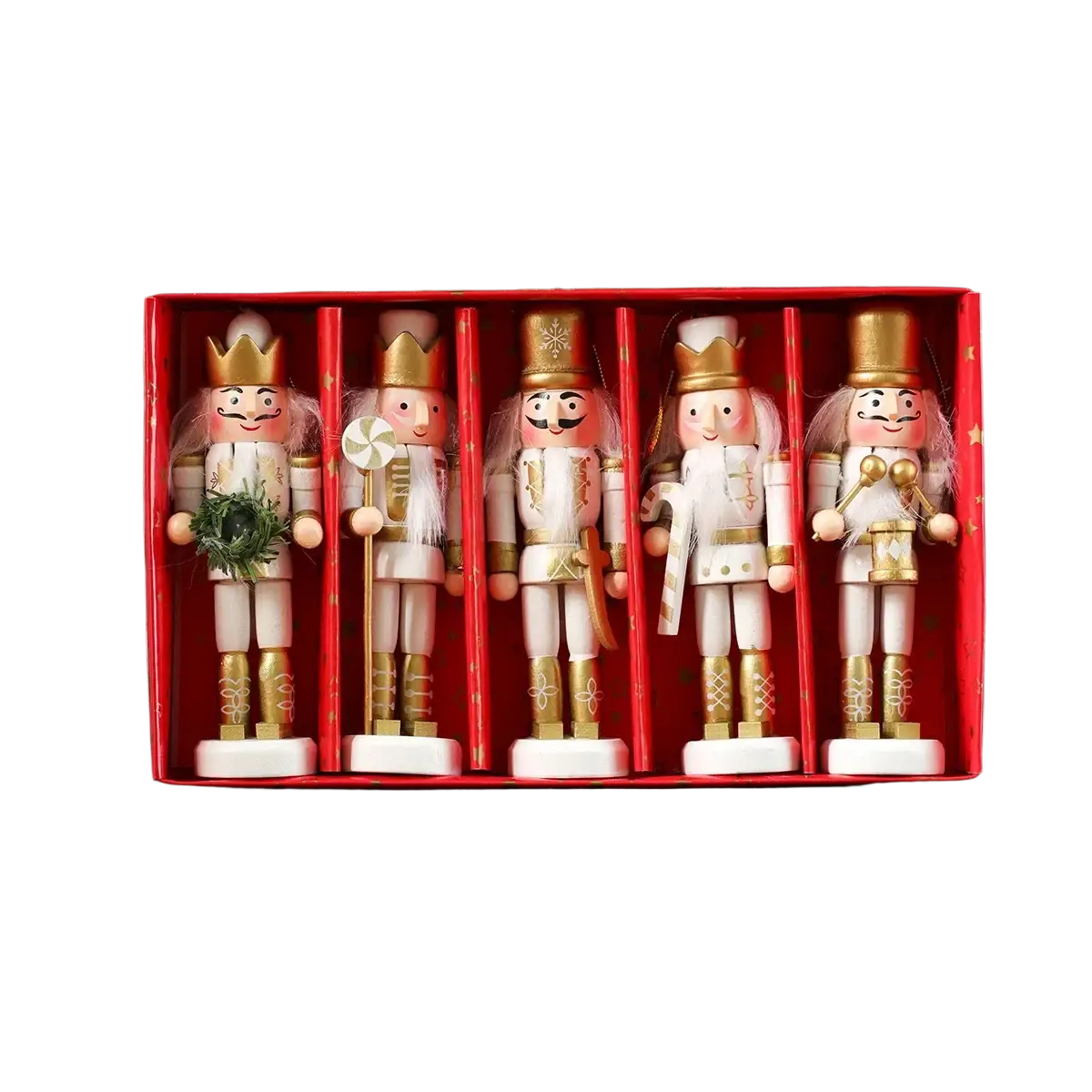 Five wooden nutcracker dolls in white and gold uniforms with festive accessories in a red box for christmas tree decor