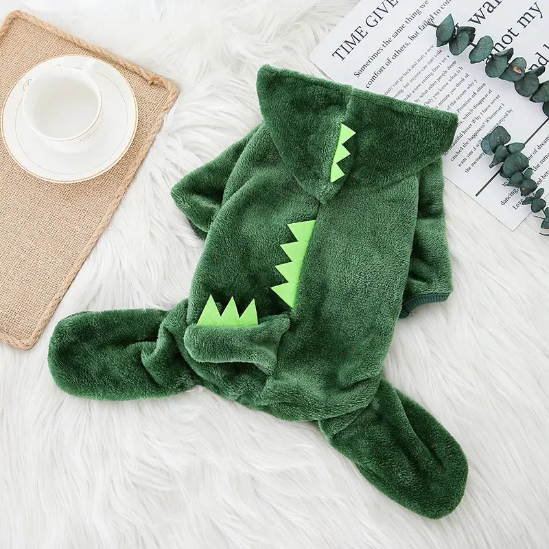 ropa de perro de forro polar verde con temática de dinosaurio para perros pequeños, con apliques de dientes triangulares en verde lima.