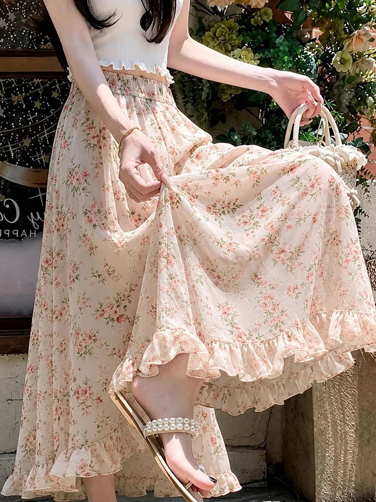 Chic Floral Sweet Wide Leg Pant Women Loose Fashion Elegant Cute Ruffles Trousers Summer High Waist Oversize Female Ins Pants