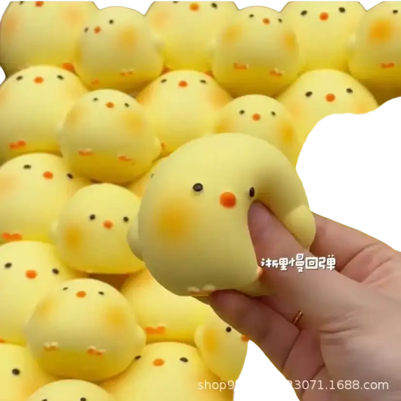 Front view of a soft yellow giant chicken squishy toy with black eyes and orange beak for stress relief
