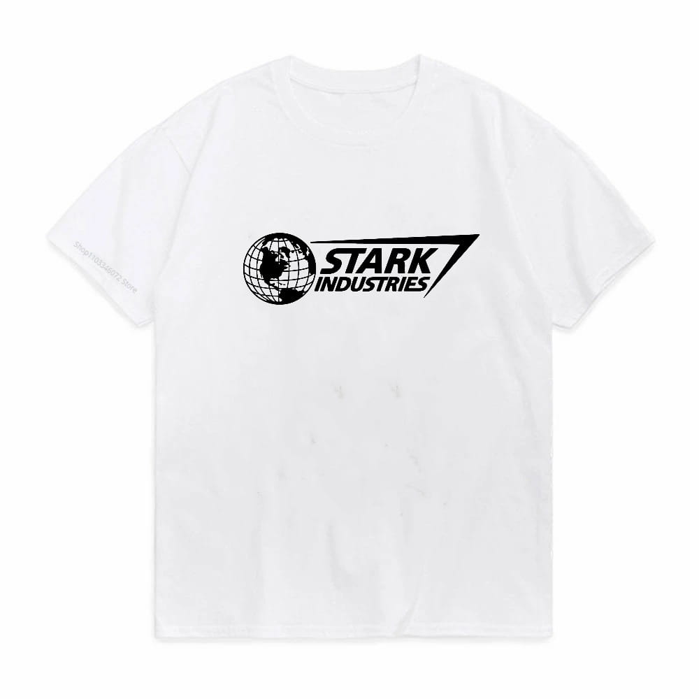 White oversized cotton t-shirt with short sleeves featuring a black stark industries logo and globe graphic on the front.