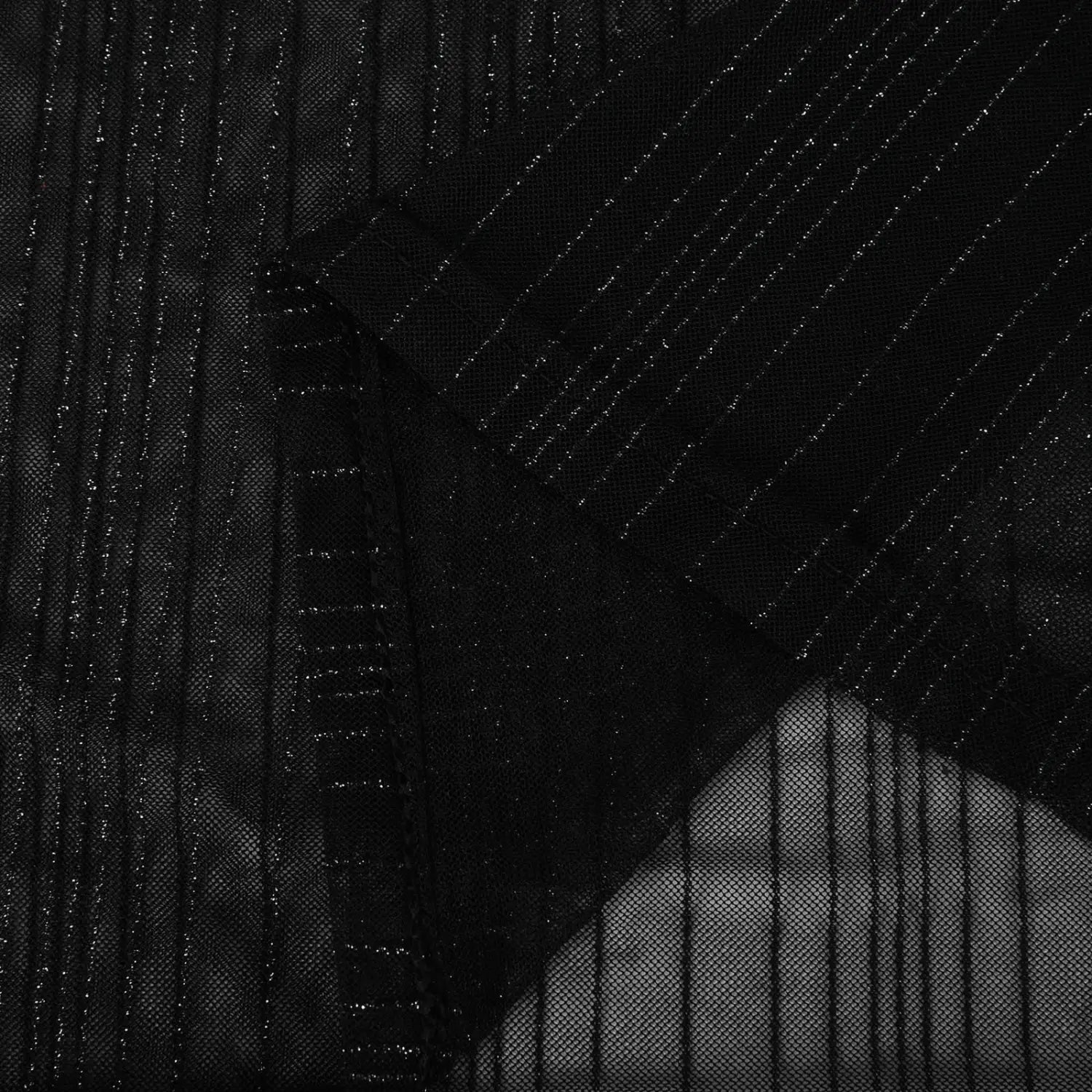 Men glitter mesh t-shirt in black sheer fabric with subtle vertical glitter stripes and short sleeves.