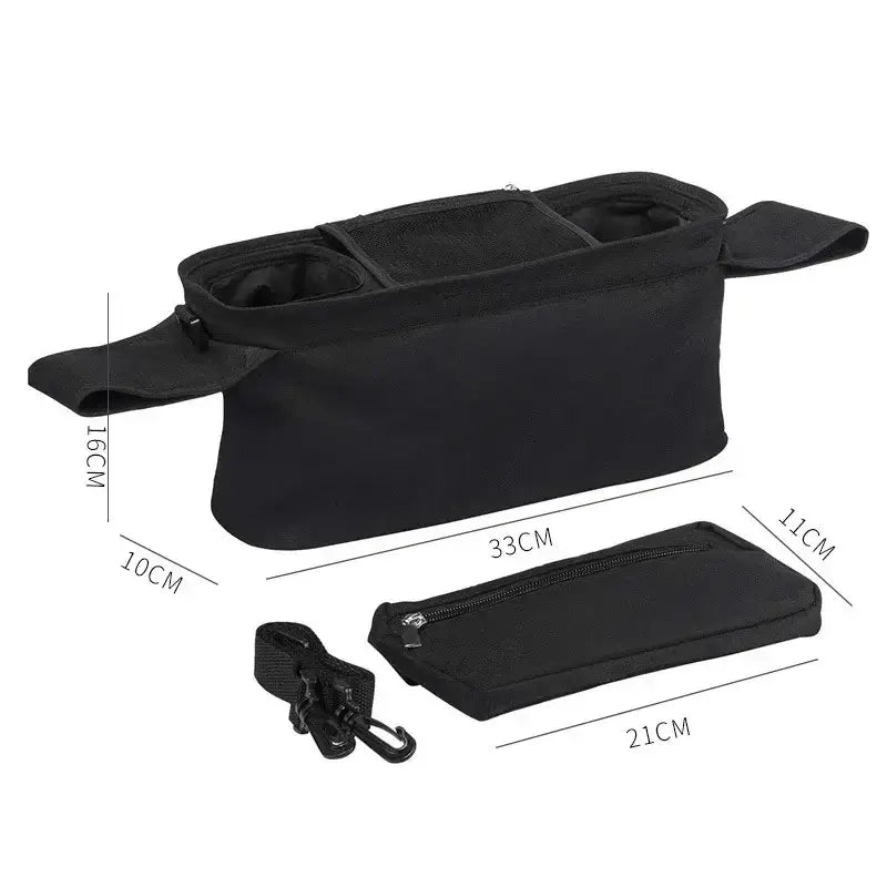 schwarze Stoff-Babywagen-Organizer-Tasche, hohe Kapazität, mit mehreren Fächern und abnehmbaren Riemen für eine praktische Aufbewahrung und Organisation.