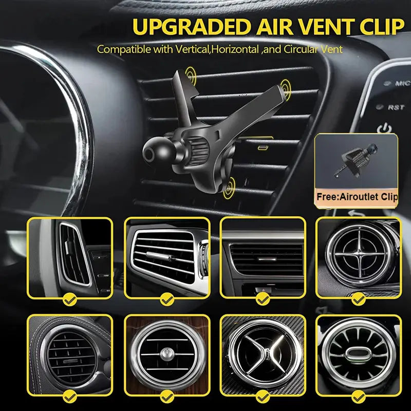 black plastic air vent clip with adjustable arms and ball joint for secure mounting of auto clamping wireless car charger phone mount.
