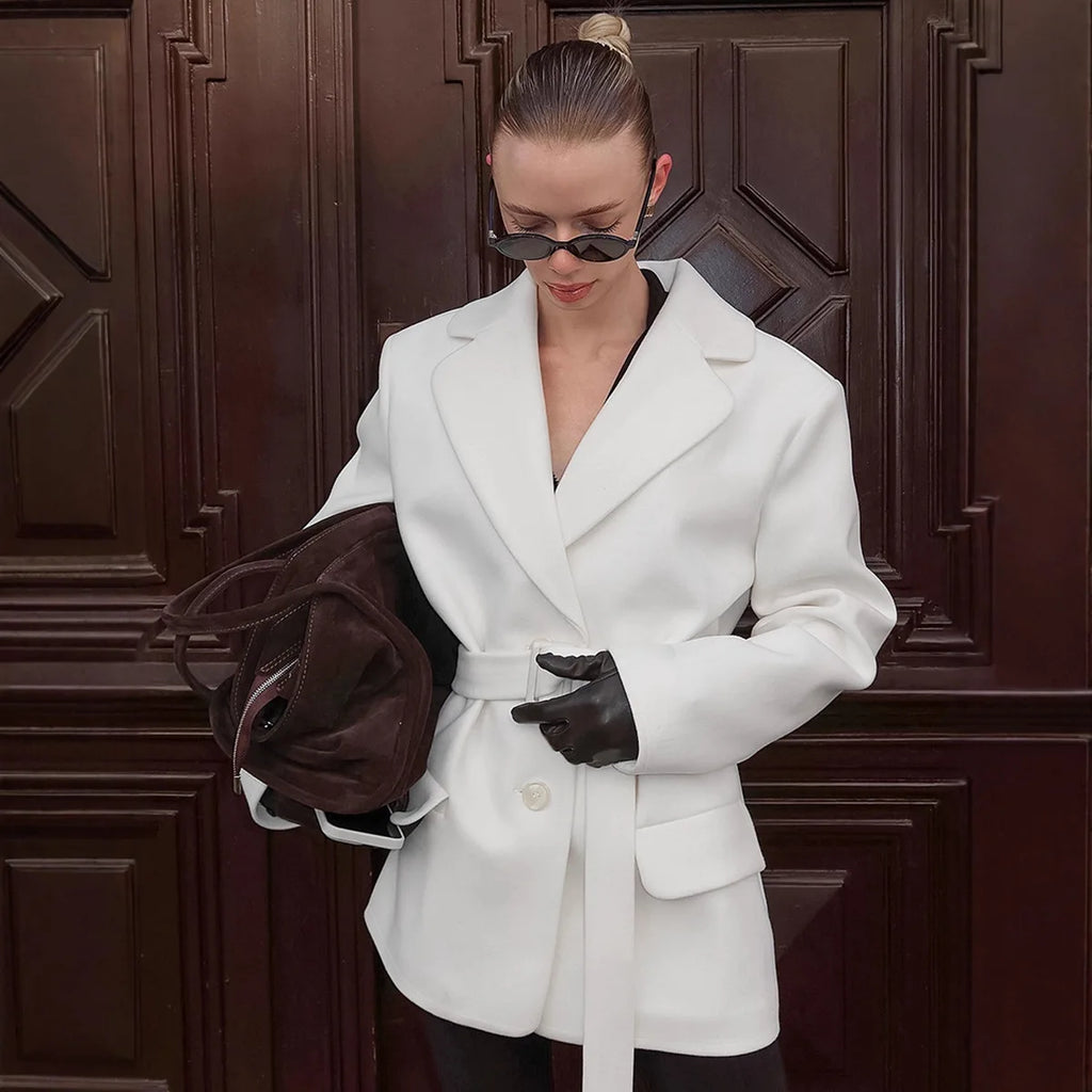 White Wool Coat for Women 2025 Winter Thickened Waist-Tied Mid-Length Women's Blazer