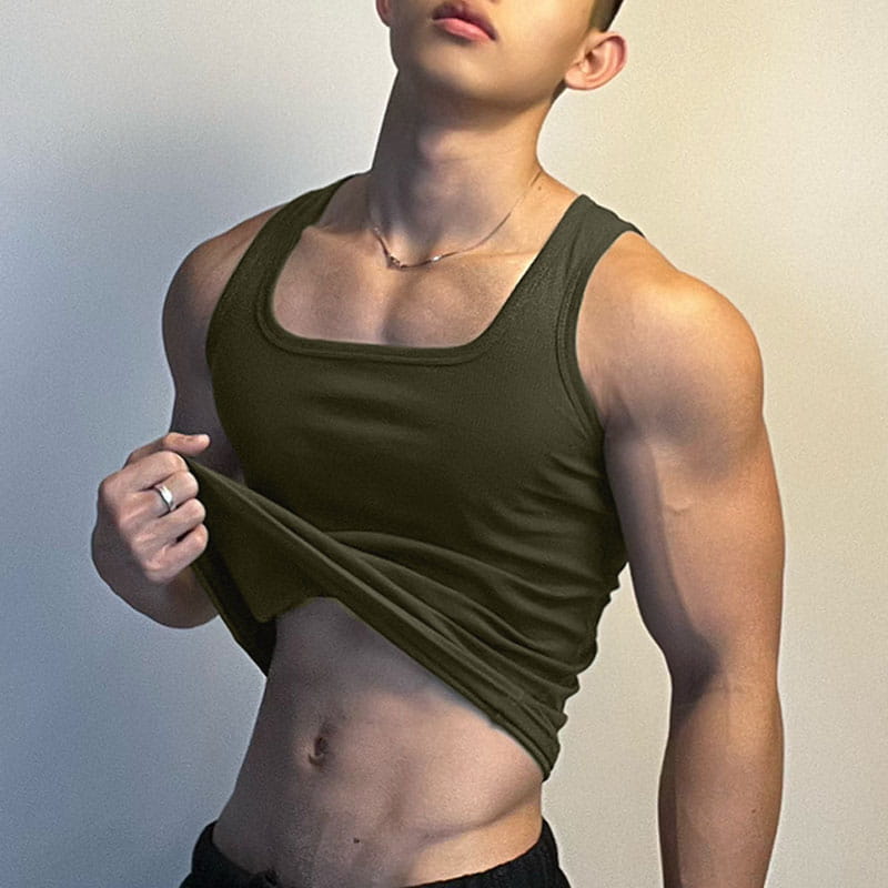 Olive green cotton men solid color casual tank top with a square neckline shown from the front.