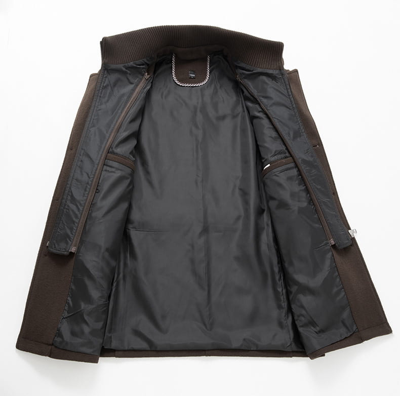 Brauner Woll-Mix Herren-Woll-Trenchcoat mit geripptem Kragen und schwarzem Innenfutter, entworfen als Winterjacke mit Doppelkragen