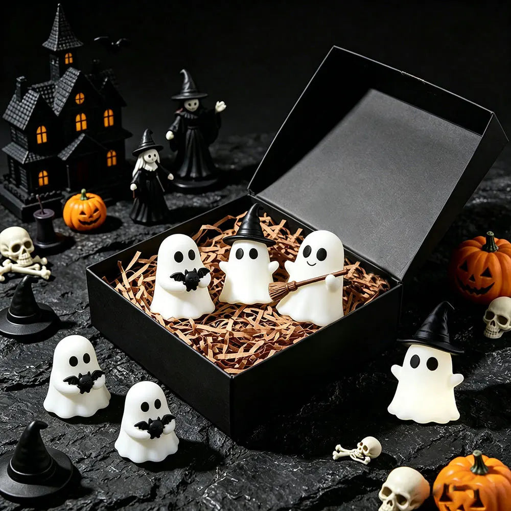 Halloween-themed desktop decoration scene - cute little ghosts, decorative items, mini glowing micro-landscape