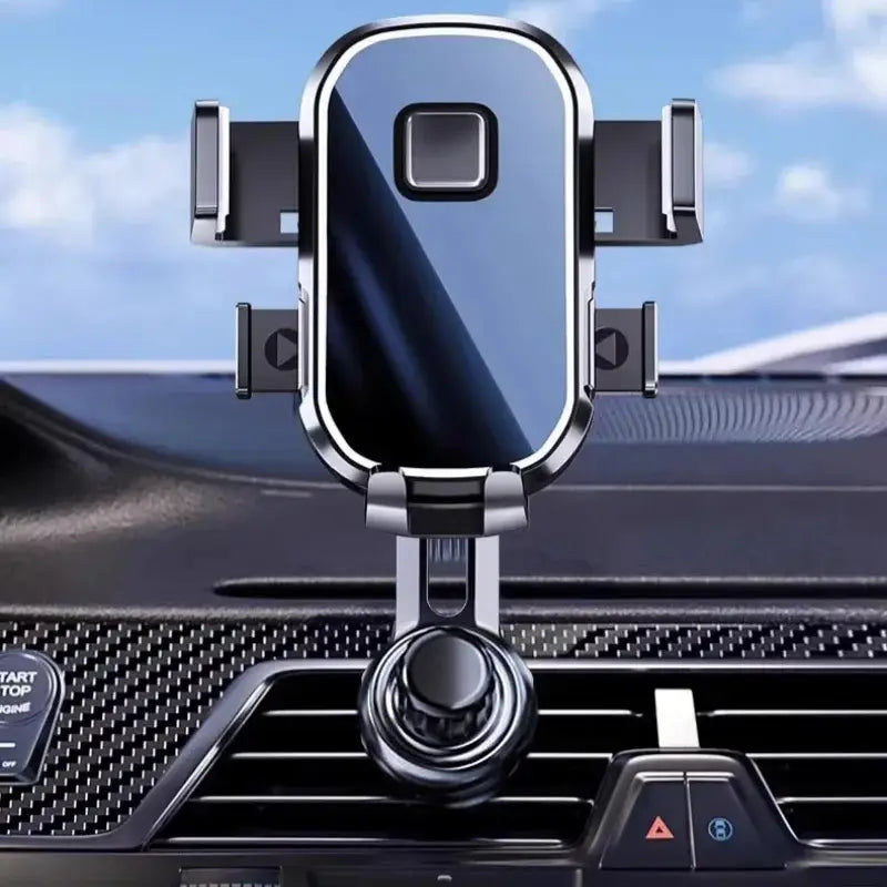 Soporte para teléfono de coche con gancho metálico para ventilación en color plata y negro, con un diseño ajustable y elegante para una sujeción segura del teléfono inteligente.