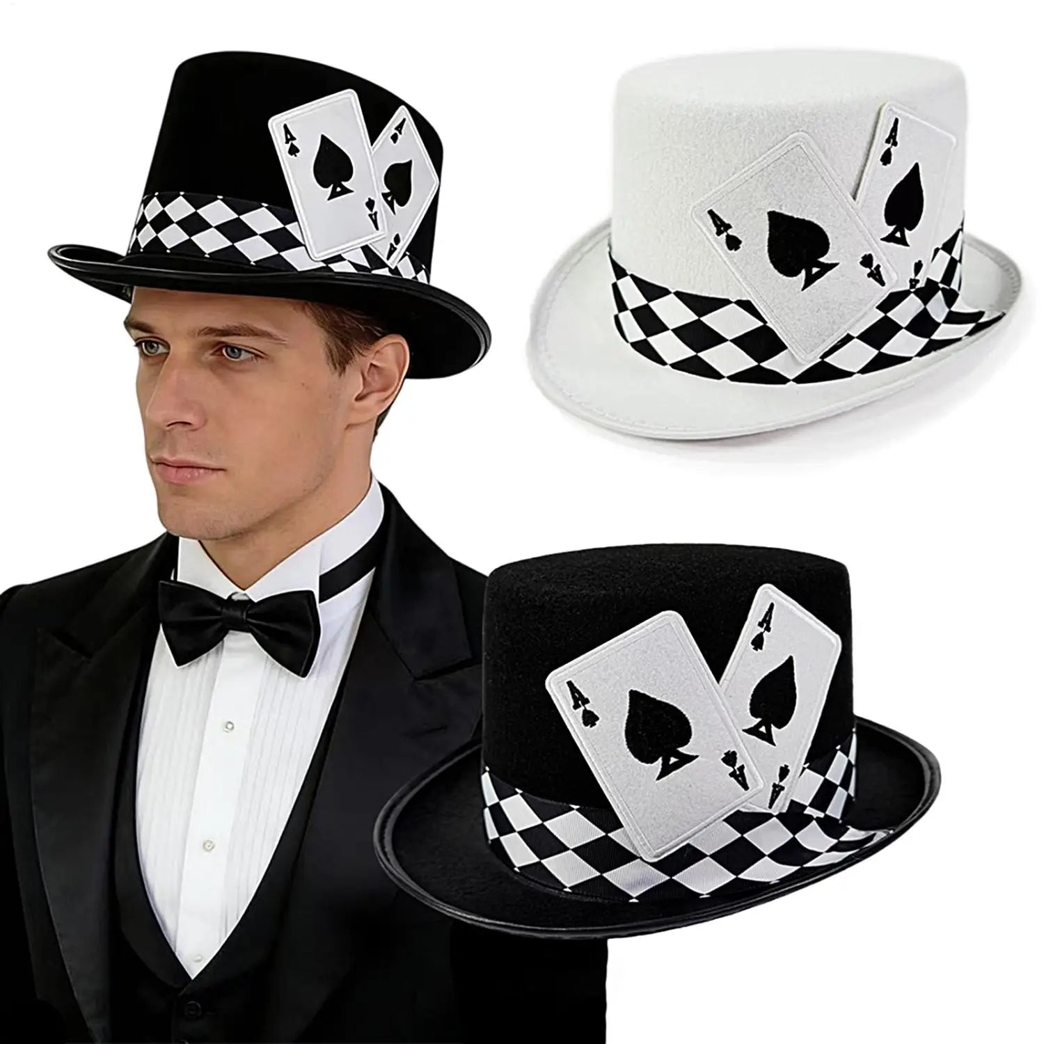 Black and white felt magician top hats with checkered bands and ace of spades playing card decals for costume accessory use.