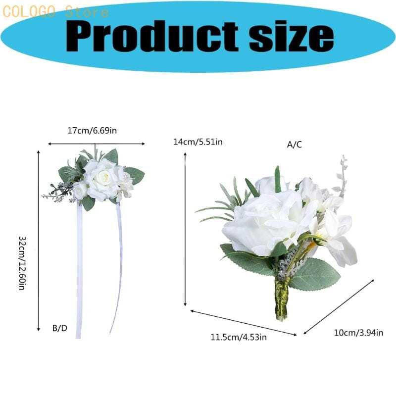 Hochzeitsrosen-Boutonniere aus Seidenblumen, Zubehör mit einer weißen künstlichen Blume, grünen Blättern und einem dekorativ gestalteten Stiel für formelle Anlässe.