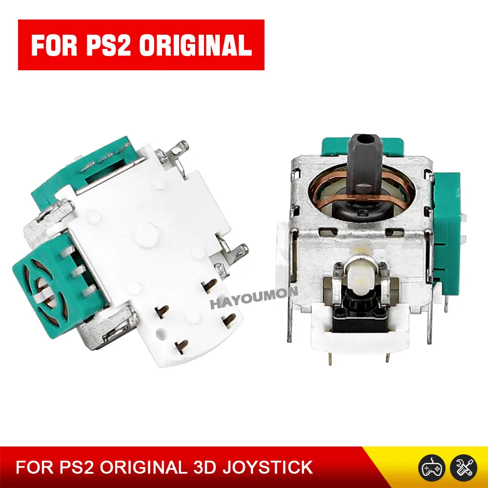 Original ps2 analog stick joystick replacement with white plastic housing green rubberized caps and metallic internal mechanism.