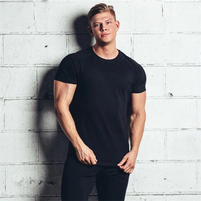 Men's Muscle T Shirts Slim Fit Cotton Short Sleeve O-Neck Raglan Sleeve Solid Tee Tops Gym Workout Bodybuilding Shirt Sportswear