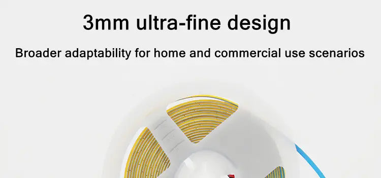 Tira LED COB ultrafina de 3 mm con diseño ultra fino en blanco y dorado, mostrada desde un ángulo frontal, para aplicaciones de decoración del hogar de bricolaje.