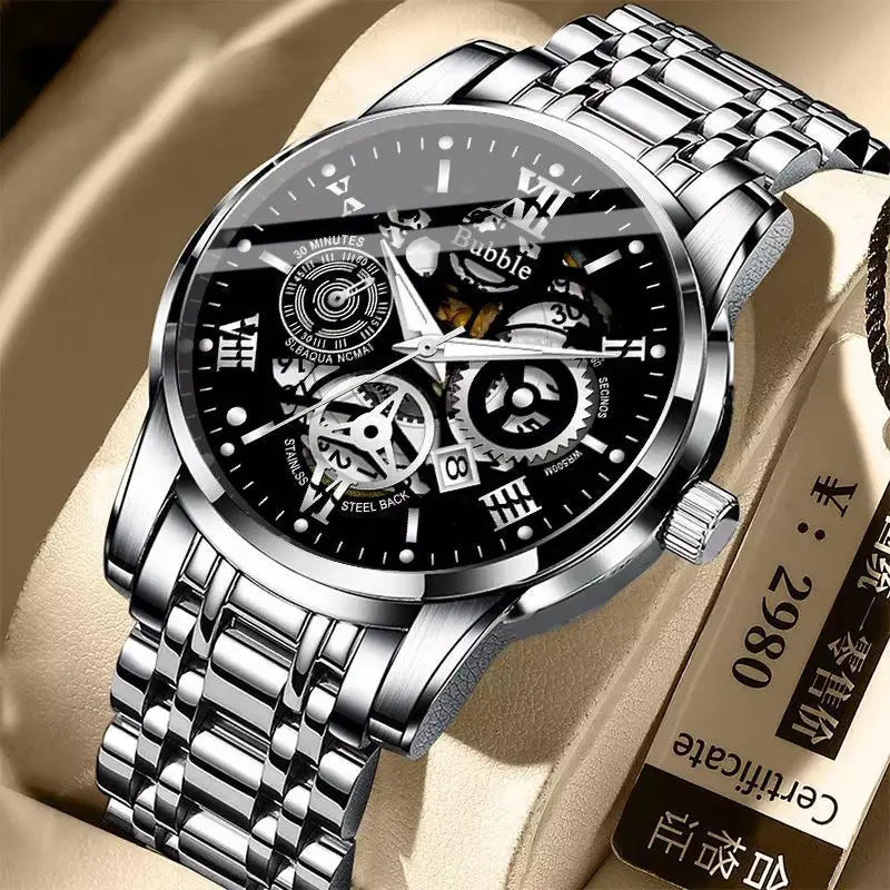 Uthai men quartz skeleton watch V009 featuring a silver-tone stainless steel case with a black dial, roman numeral hour markers, and visible mechanical gears.