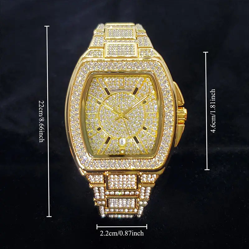 Gold-tone luxury mens quartz watch with a square face and bracelet fully encrusted in sparkling clear crystals.