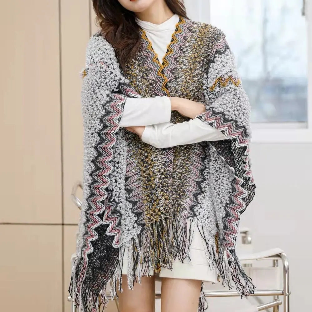 Ethnic Style Cape Oversized Sweater Jacket Women Fashion New Loose Patchwork Warm Long Scarf Knitted Cardigan Woman